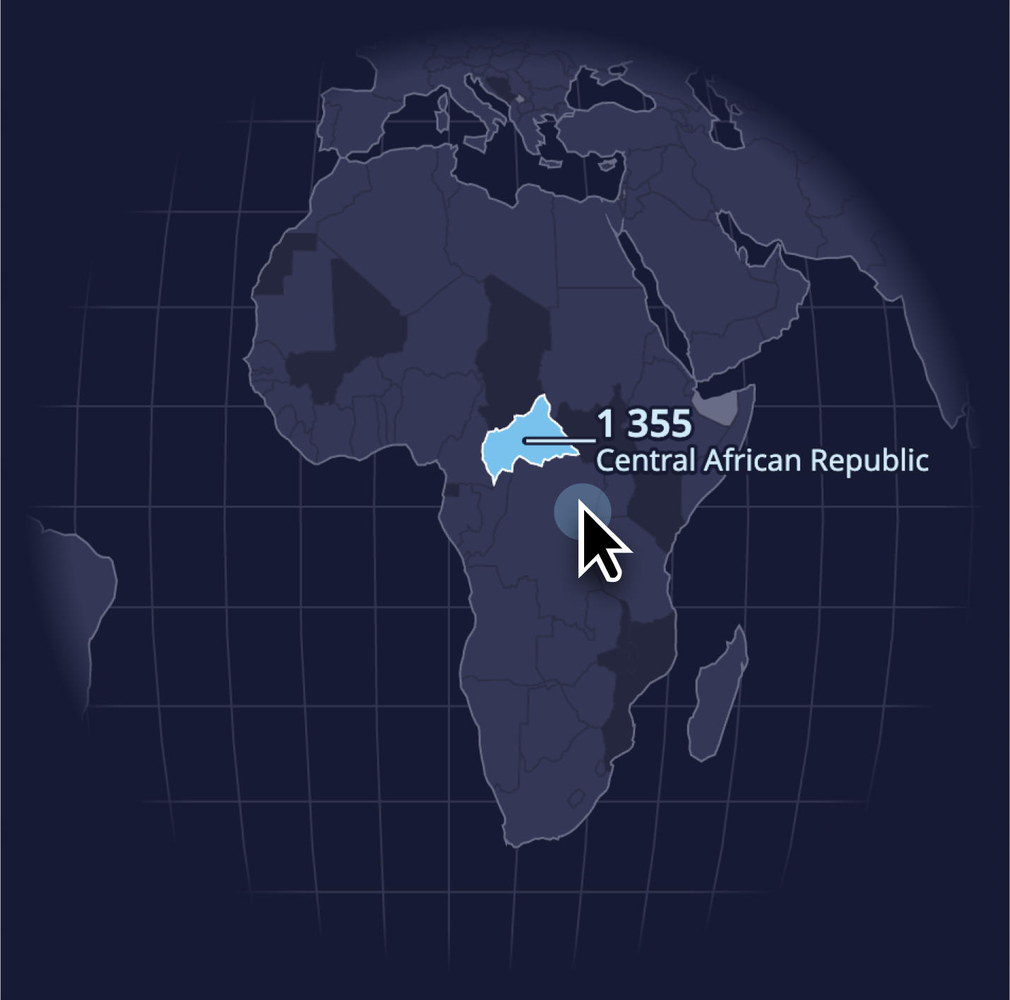 Image of map with mouse cursor hovering over a country, showing a tooltip with the country's name and value