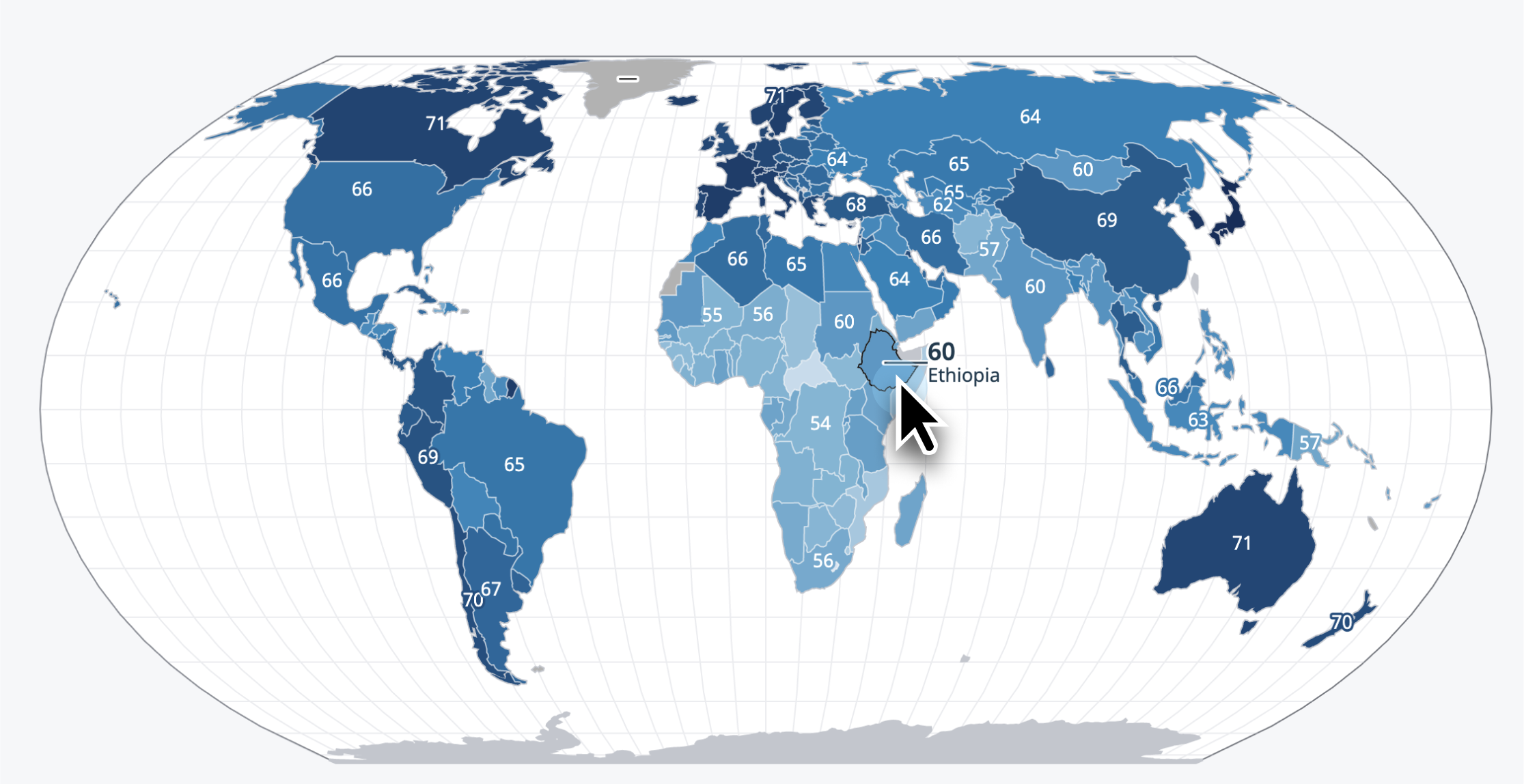 World map with country values indicated as numbers on map in addition to color coding